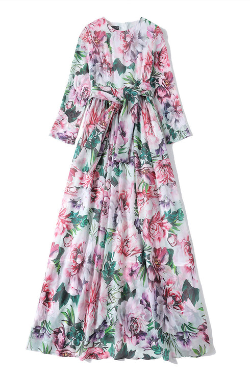 Luxury Designer Enchanting Floral Chiffon Vintage Long Sleeves Holiday, Party, Cocktail Floor Length Maxi Dress